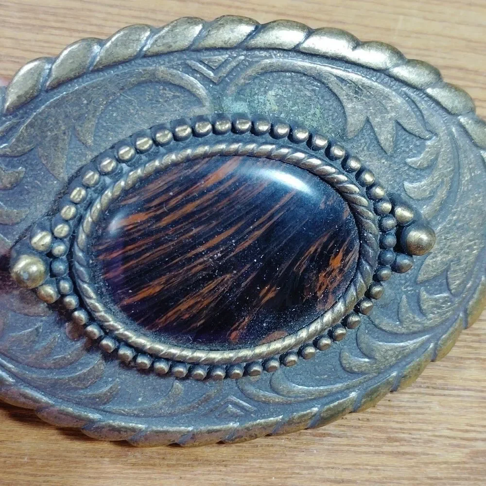 Vintage Belt Buckle Tiger Eye Scrollwork Metal Western